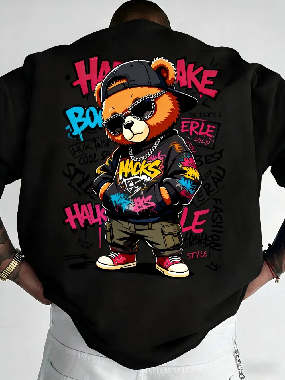 European and American Men's Summer Teddy Bear Graffiti Print Comfortable and Breathable Round Neck T-Shirt Outdoor Street Top image 2