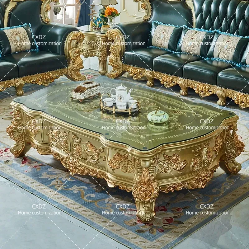Foshan European full solid wood carving flower coffee table TV cabinet combination set American retro old TV cabinet luxury