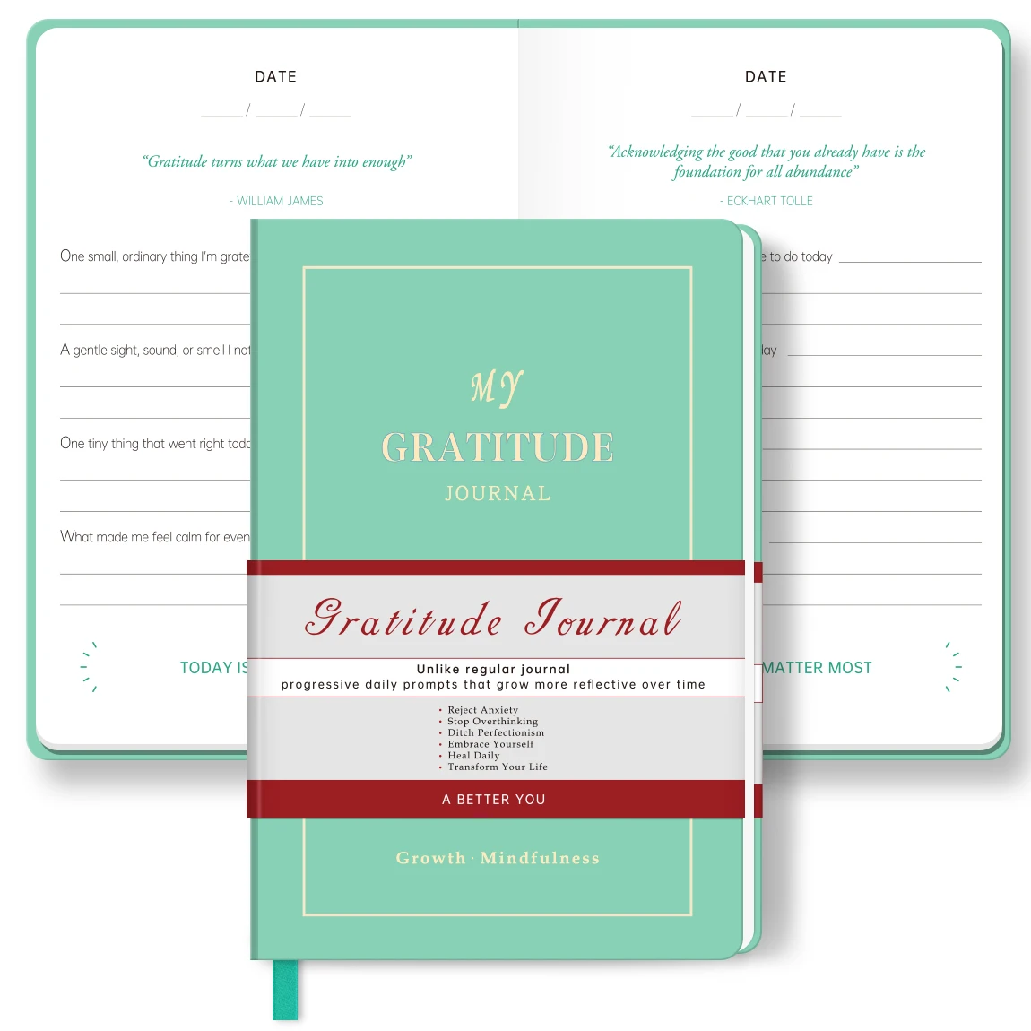 1 carnet de gratitude A5 vert menthe, couverture rigide, carnet de méditation, journal de réflexion quotidienne avec papier épais