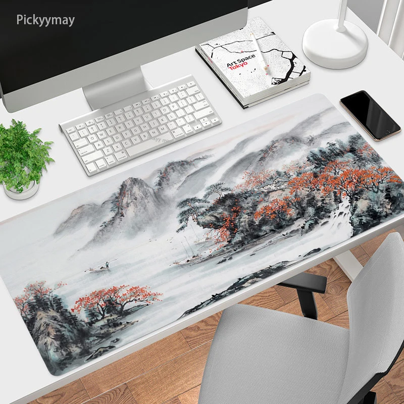 Lukisan Tinta Cina Pad Mouse Karpet Kantor Deskmat Mouse Mat Seni Besar Gaming Mousepad Overlock Karpet Karet untuk Meja Komputer