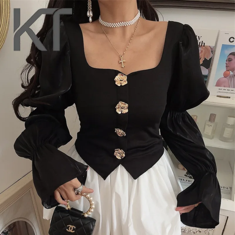

KT Women's Elegant Blouse 2026 Spring Summer Square Neck Puff Sleeve Gold Floral Button Asymmetric Hem Top Party & Formal Tops