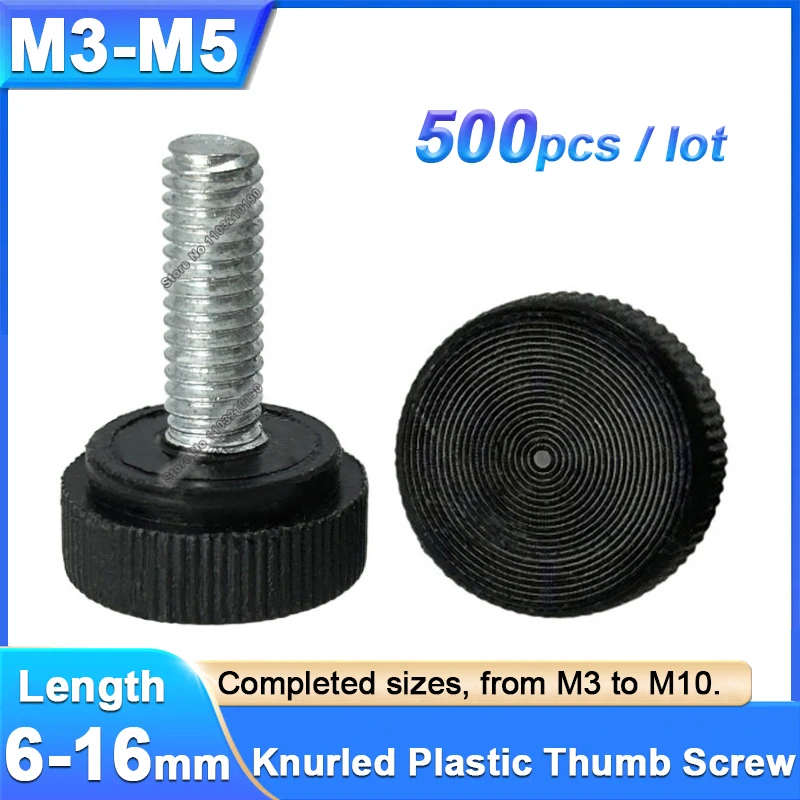 

500 шт./лот M3 M4 M5 черный 12 # Ручка с круглой головкой, затягивающие вручную винты из углеродистой стали, пластиковая резьба с накаткой, зажимная ручка, болт с накатанной головкой