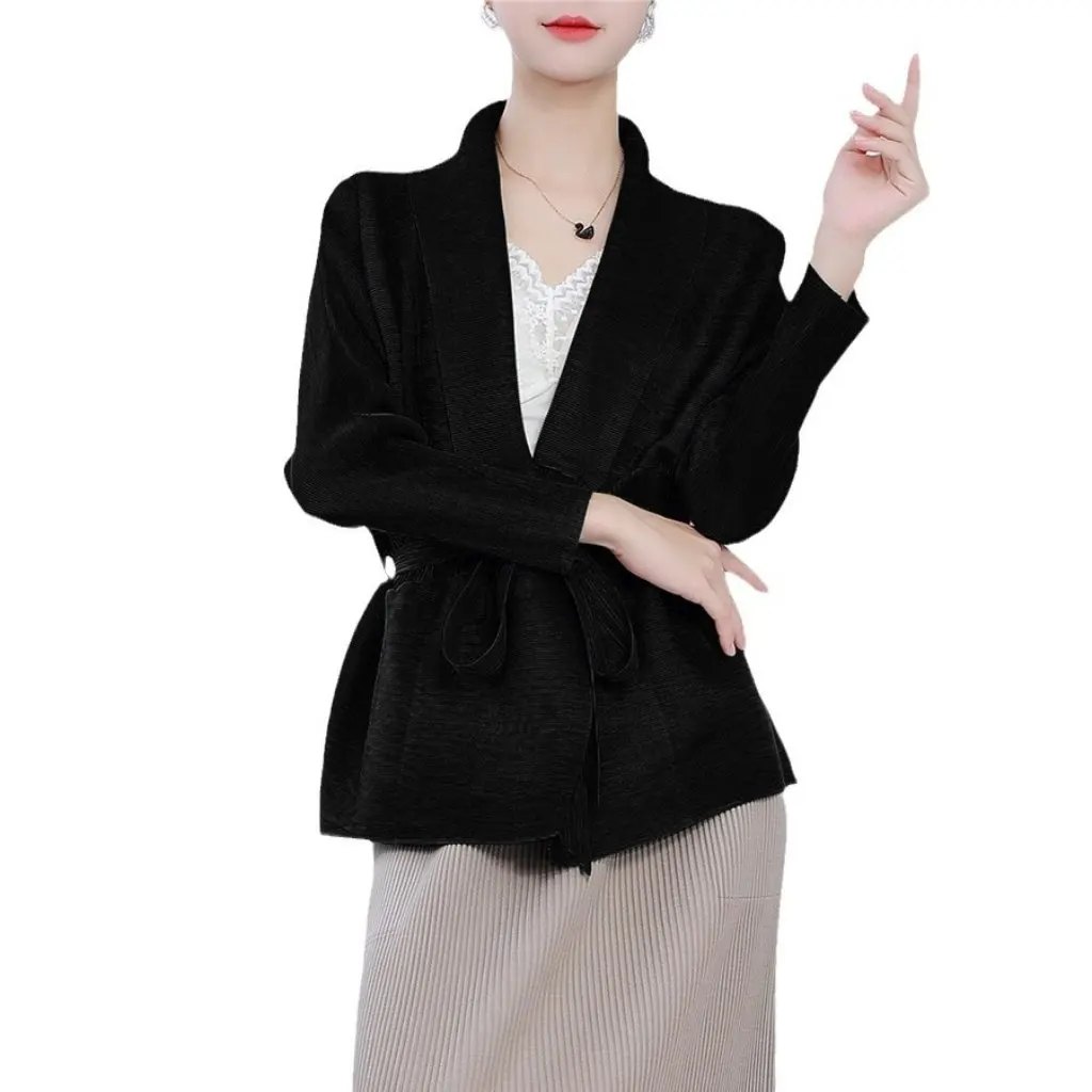 

Women's Fashion Knitted Cardigan Sweater Coat All-match Pleated Design Korean Style Early Autumn Top Stitching Sense