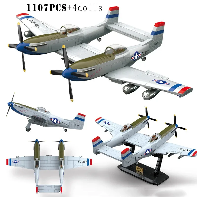 QG100281 US Army Double Mustang F-28E Escort Fighter Building Blocks Toy for Boys 1107pcs