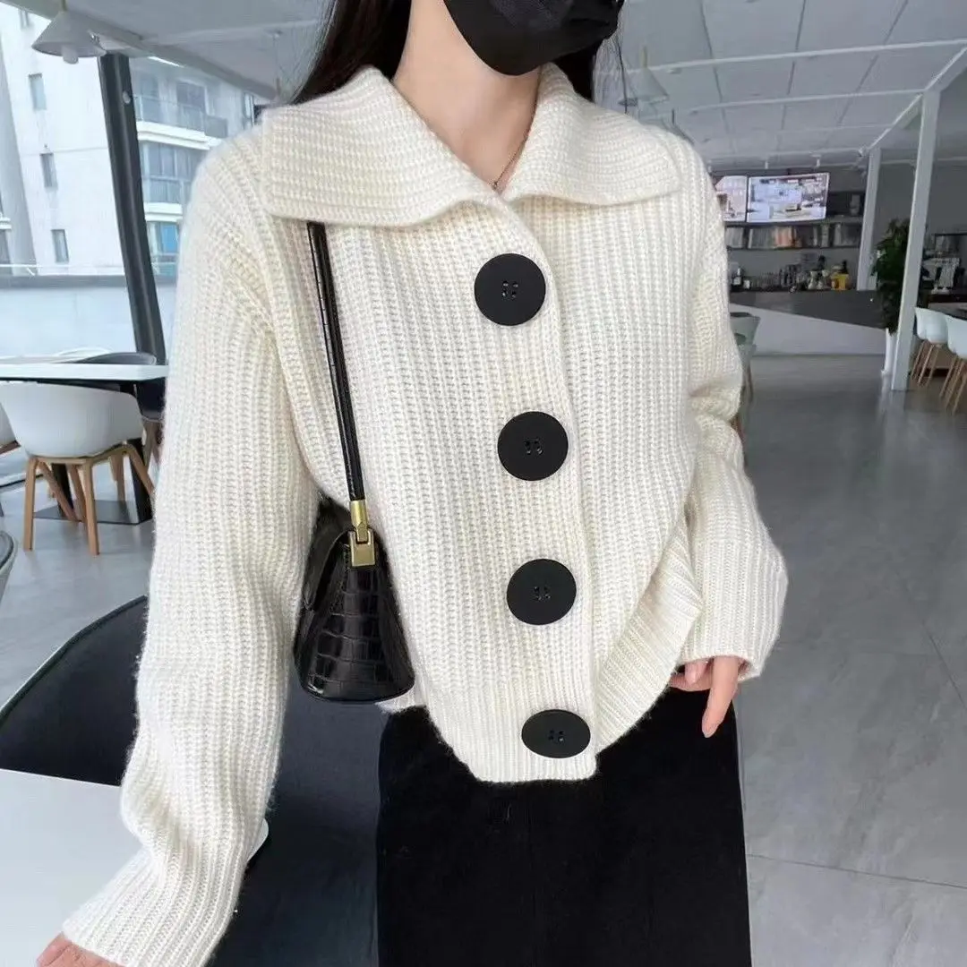 Solid Color Thick Needle Button Sweater Cardigan Lapel Long Sleeve Big Button Sweater Coat Simple Fashion Shawl Worn Outside Top