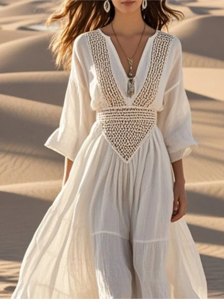 فستان بوهو سادة مفرغ للنساء موضة ثلاثة أرباع رقبة على شكل V وخصر عالٍ فساتين فيستدوس فضفاضة رداء نسائي ملابس للعطلات
