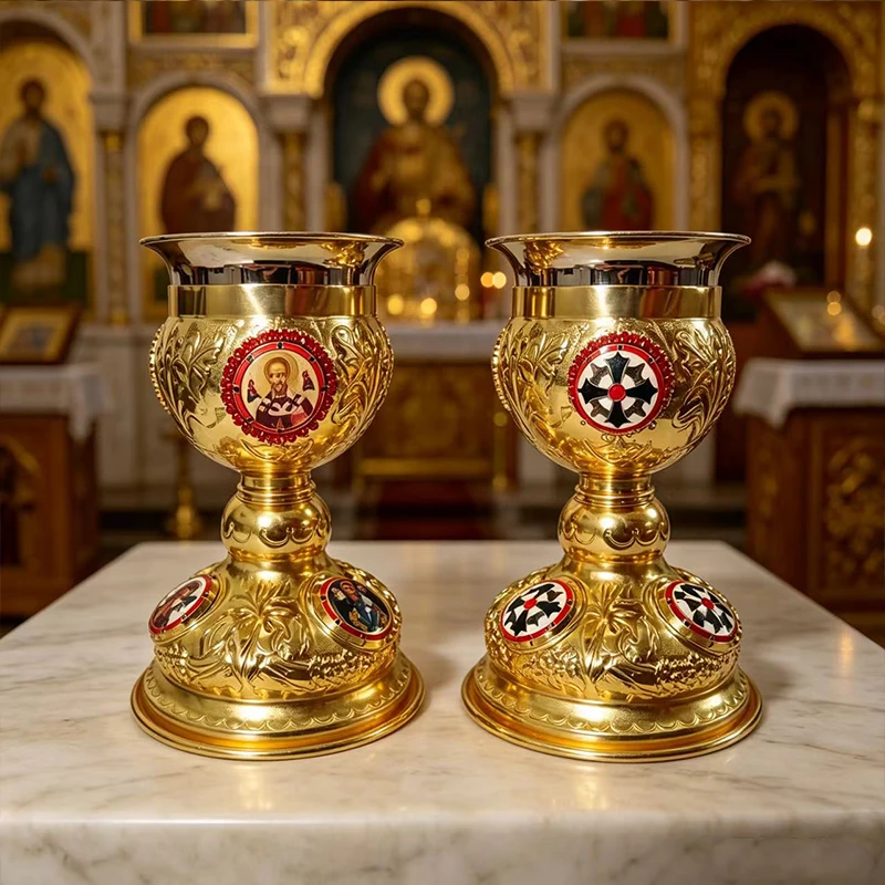 

Embossed Gold Plated Communion Chalice with Enamel Icon Details for Orthodox Christian Altar Liturgy and Communion Service Use
