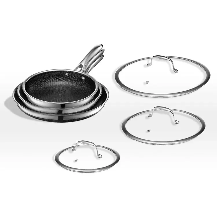 HexClad Híbrido Antiaderente Fry Pan Set, Frigideiras com Tampas de Vidro Temperado, Alças Stay-Cool, 8 10 12 ", 6 pcs