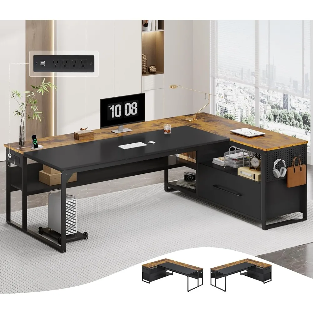 

71" Executive Desk, Large Office Desk with Widen File Drawers & Power Outlets, Reversible L Shaped Computer Desk Corner Desk