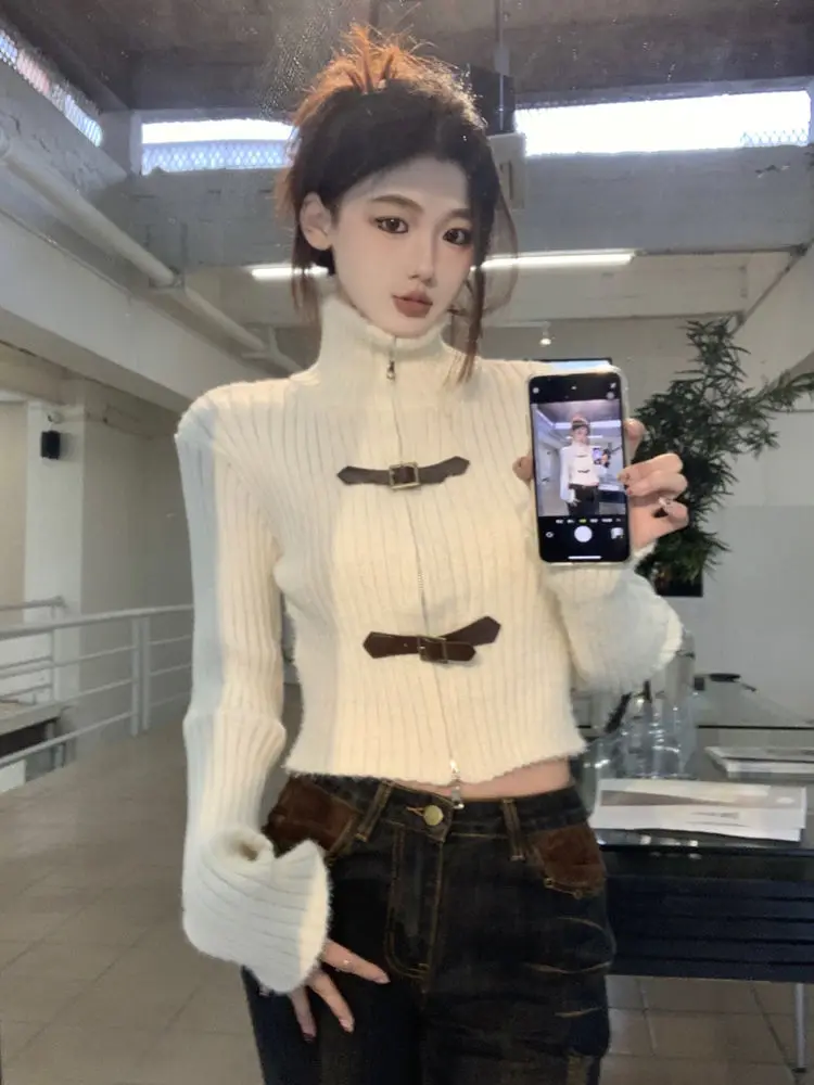 

​​2025 Winter Fleece Cardigan Women Vintage Zip Front Cropped Knit Coat Heavyweight Slim Fit Ribbed Hem Chic Outerwear​​