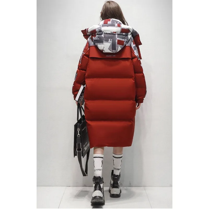 High-end na moda cor contrastante para baixo jaqueta feminina médio e longo sobre o joelho novo coreano pato branco para baixo jaqueta engrossado