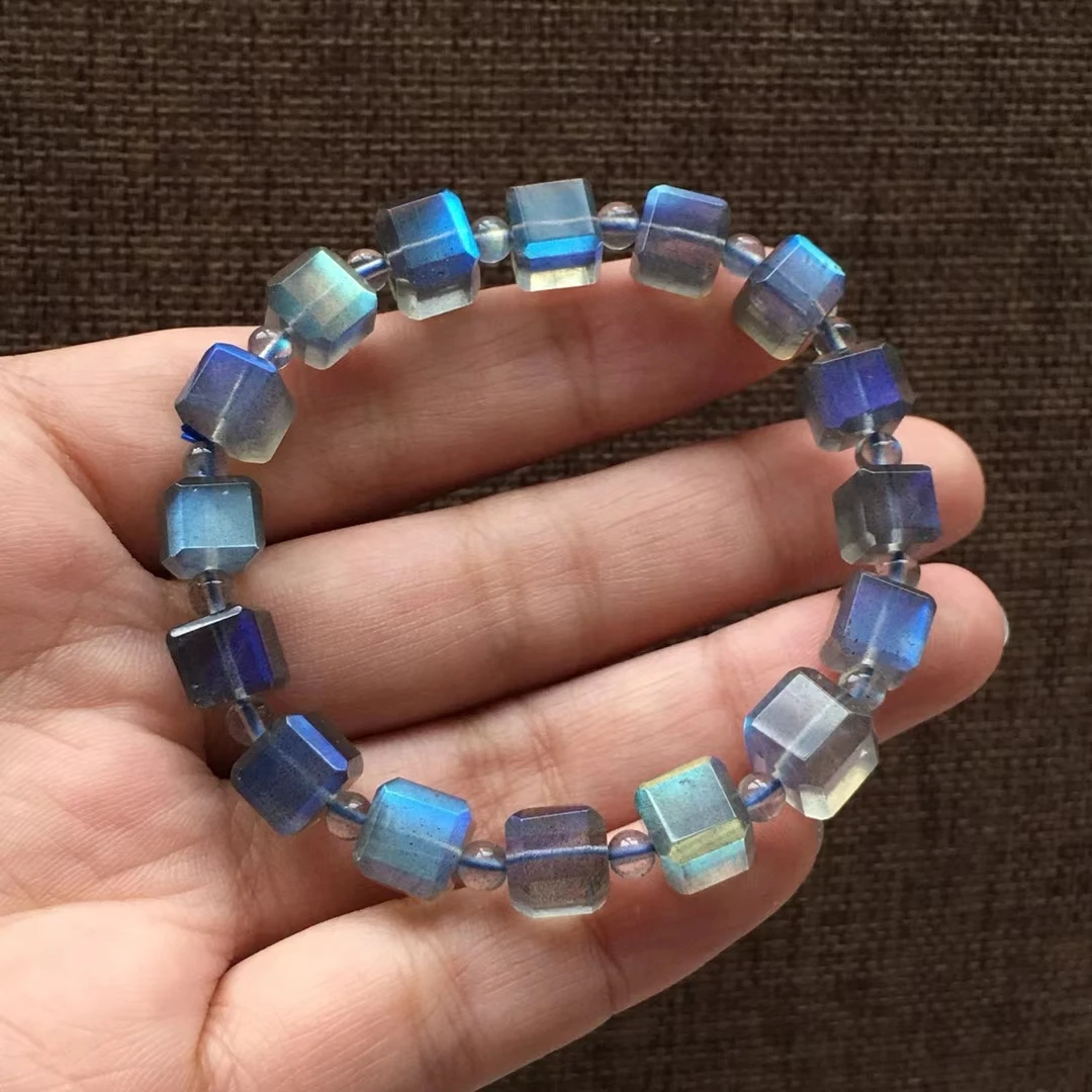 Natural Blue Labradorite Cube Beads Bracelet 9x9mm Love Women Rainbow Labradorite Grey Moonstone AAAAA