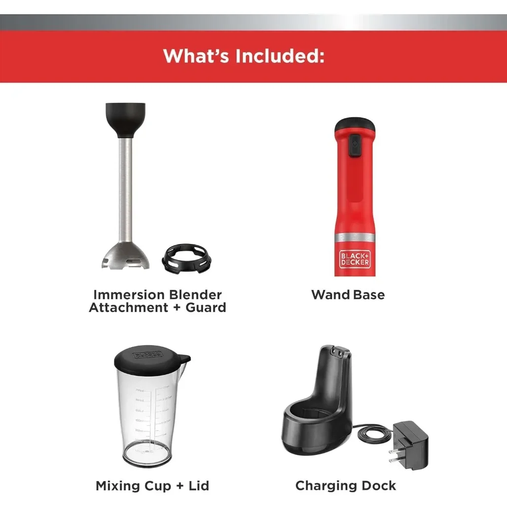 Kitchen Wand Cordless Immersion Blender, Hand Blender with Charging Dock, Red (BCKM1011K06)