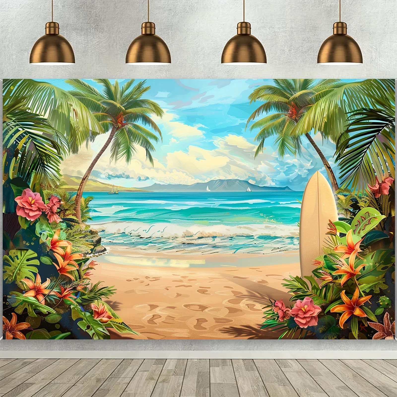 Sommer-Hintergrund für hawaiianischen Strand, Stoff, 1-teilig, Aloha, tropische Palmenblume, blauer Himmel, Ozean, Surfbrett, hawaiianischer Fotohintergrund
