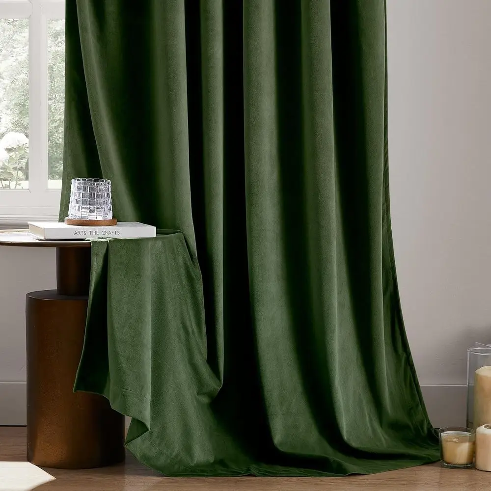 럭셔리 암막 올리브 그린 벨벳 커튼, 52x84, 단열, 빈티지 크리스마스 스타일, 침실 및 거실용