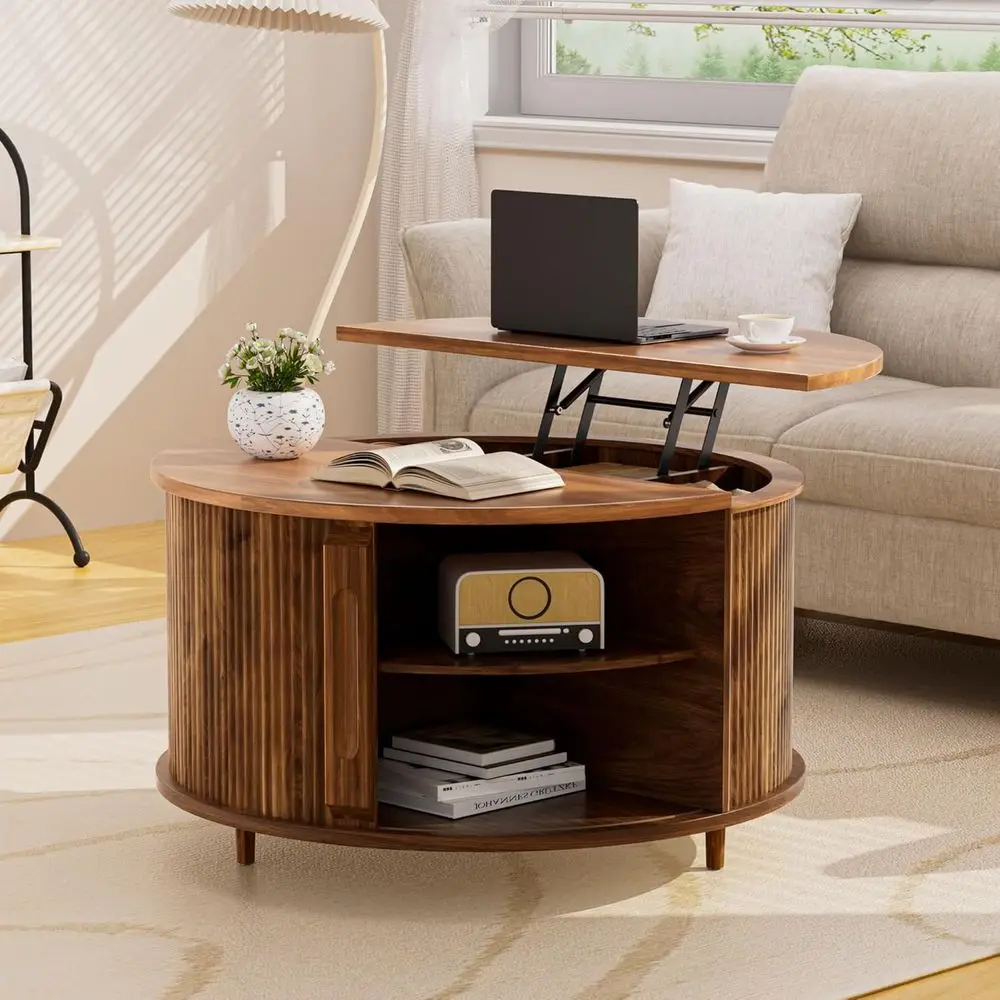 

Круглый журнальный столик с подсветкой, 31,5 дюйма, из массива дерева, с раздвижной дверцей и скрытым хранилищем, современный кофейный столик для гостиной