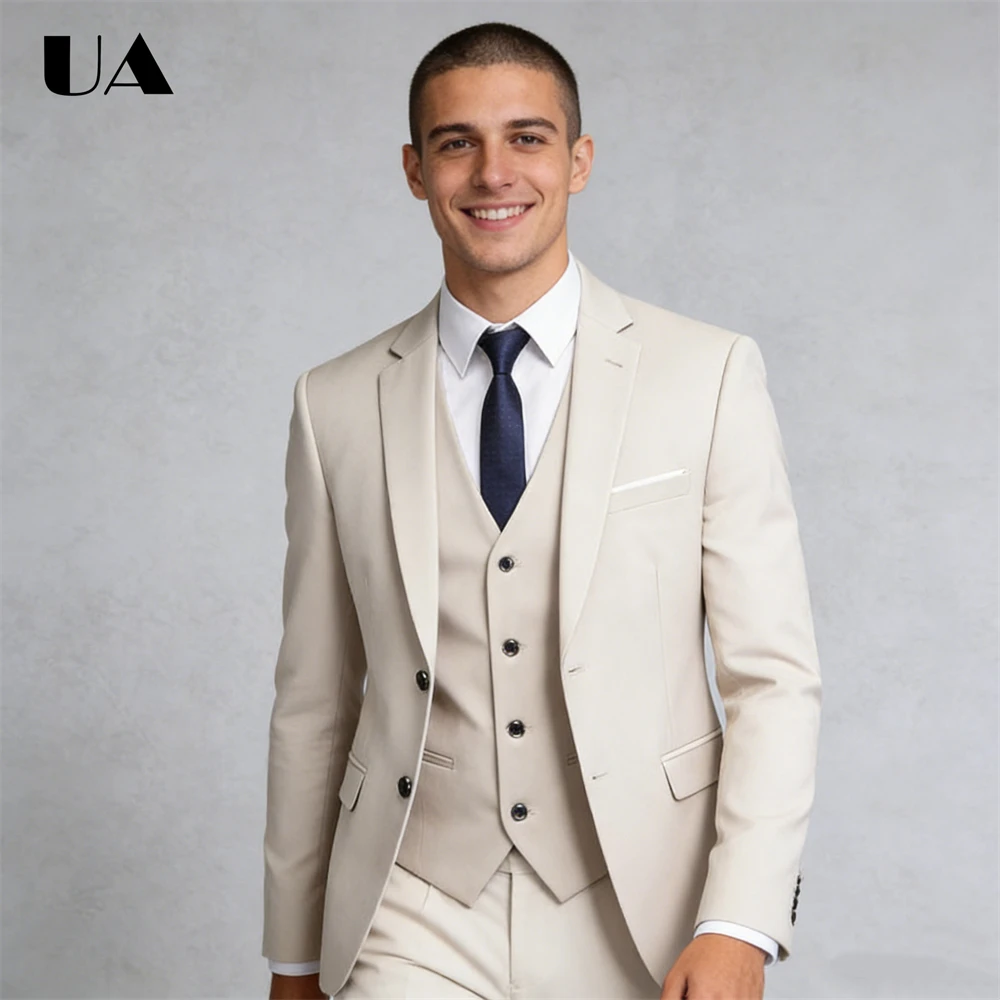 

Solid Beige Suit Set for Men, XXS-7XL Big & Tall Man Suit Tuxedo, Jacket Pants Waistcoat Formal Business Suit Wedding Groom