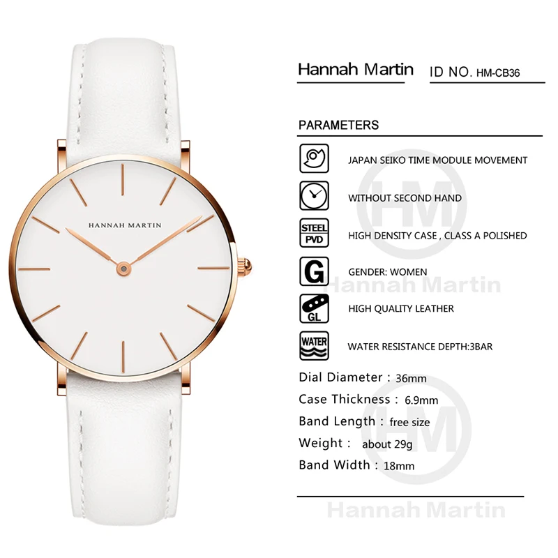 هانا مارتن السيدات حركة كوارتز جلد بني 36 مللي متر الأبيض الهاتفي المرأة العلامة التجارية الفاخرة مقاوم للماء ساعة relogio feminino es
