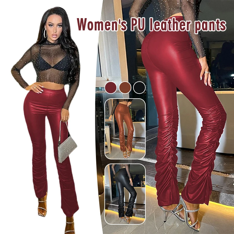 

Women's Pleated Leather Pants Girl Butt Lifting Stretch High Waist Stacked Leg Sexy Club Disco Shiny PU Tight Trousers Wet Look