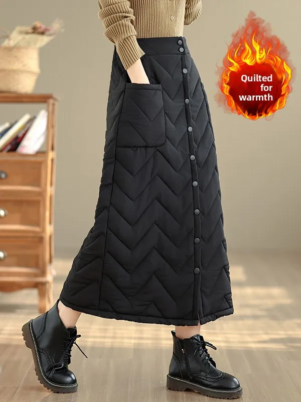 Rok A-Line Berbahan Katun Hangat Berlapis, Pinggang Tinggi, Kancing Ganda, Kasual, Serat Poliester, Model Pear Straight Body