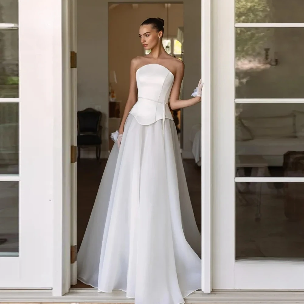 Customized Exquisite Strapless A-Line Sleeveless Wedding Dresses Draped Tulle Satin Floor-length Open Back Bridal Gowns for 2026