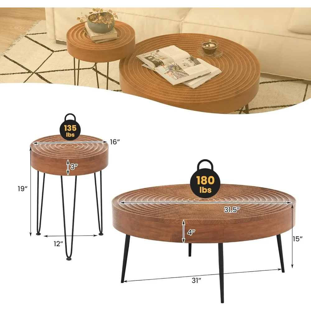 Conjunto de mesa de centro rústica estilo fazenda - 2 mesas laterais com estrutura de metal com acabamento em madeira e pés ajustáveis