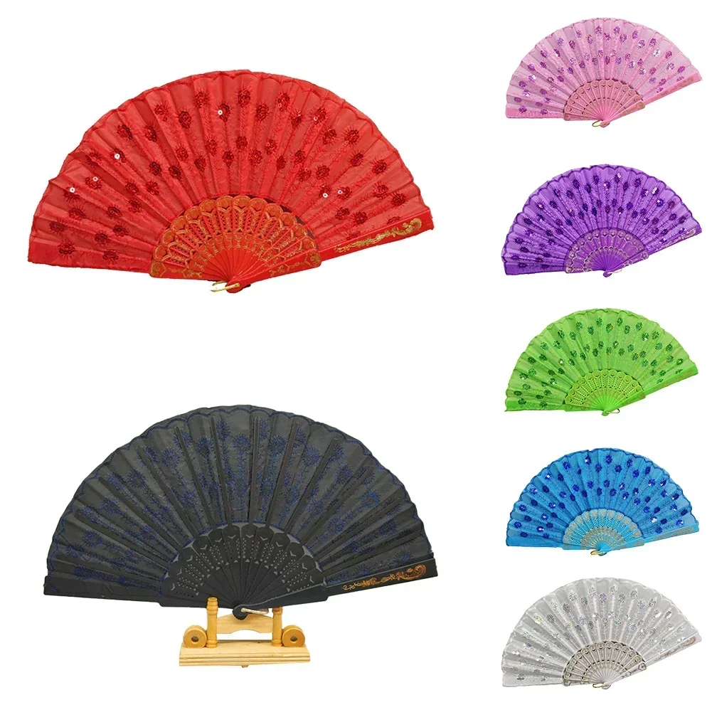 Multicolor Plastic Satin Silk Folding Fan, Hand Held Decoração, Estilo Espanhol, Novo Partido Chinês