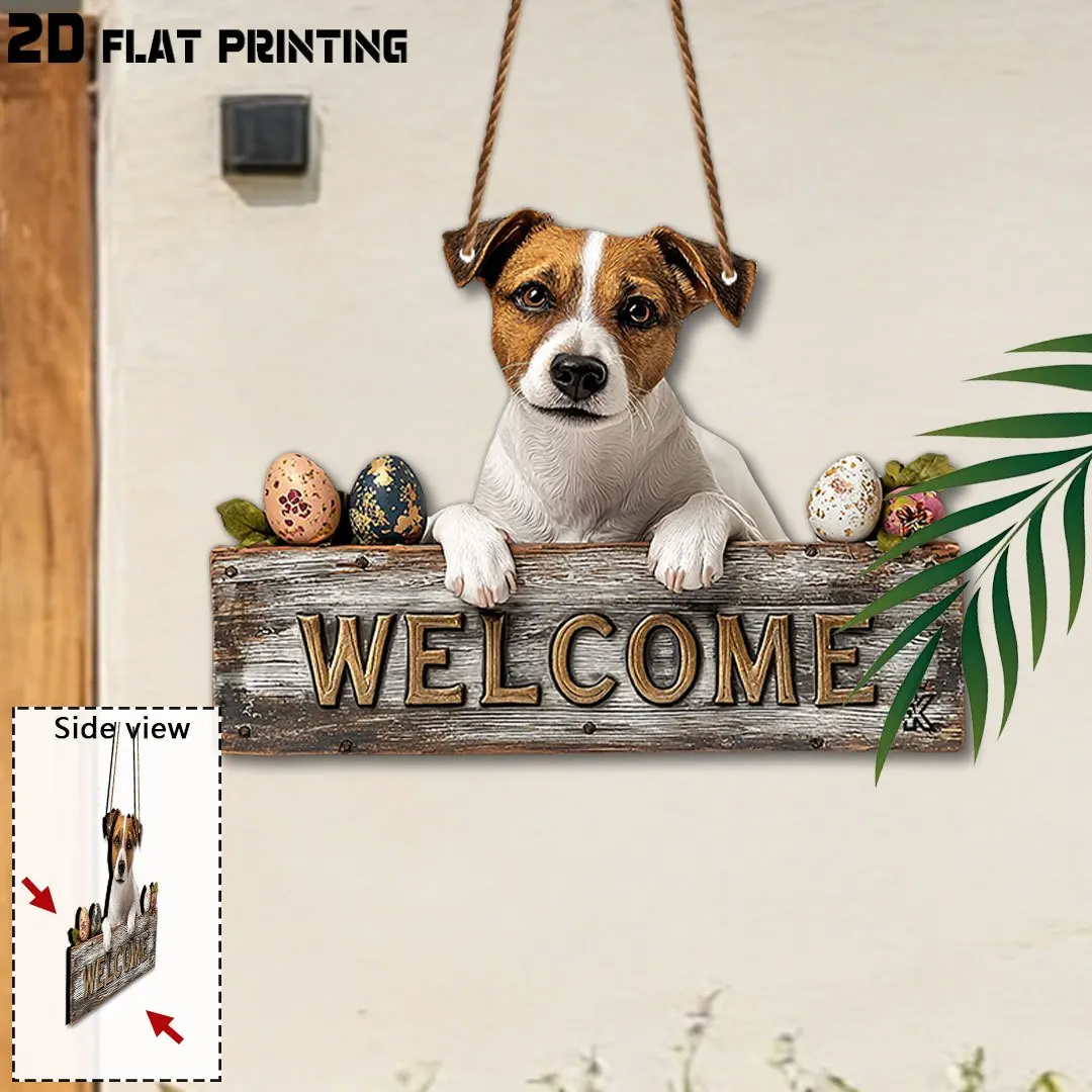 2D Flat,Jack Russell Terrier Welcome Plaque, Home Decor,Spring Gift Easter Decor,Cute Style Wall Decor, Gifts for Terrier Lovers