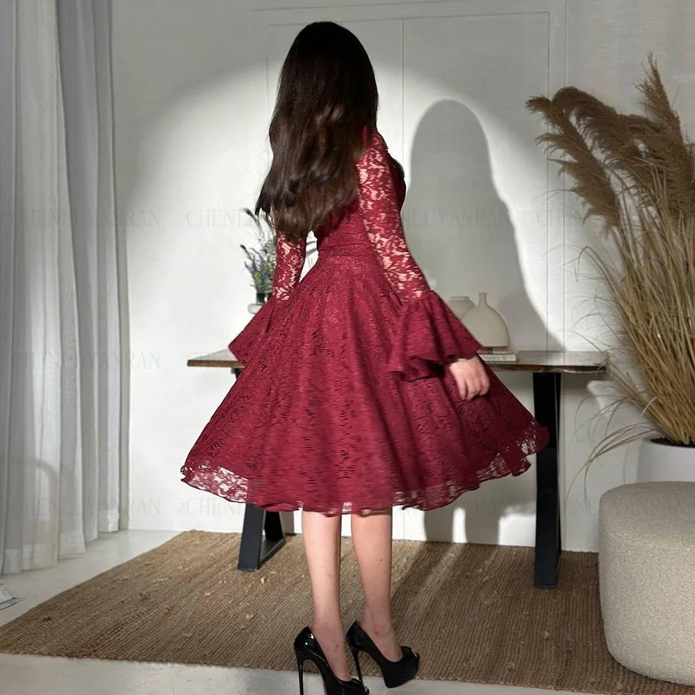 Burgundy V-Neck Formal Occasion Dresses 2024 Long Sleeves A-line Short Ball Gowns Lace Sexy Evening Party Gown فساتين الحفلات