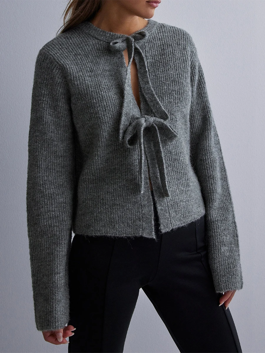 Women\'s Knit Sweaters Autumn Casual Long Sleeve Crew Neck Bow Tie Front Cardigans Solid Color Casual Loose Ribbed Outwear