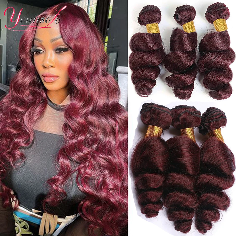 Younsolo Burgundy Loose Wave Bundles 99j Brazilian Human Hair Weave Bundles 30Inch Hair Extensions 1/3/4PCS Loose Wavy Bundles