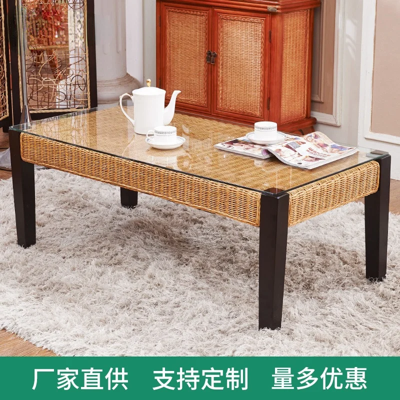 Coffee table rectangular rattan dining table dual-purpose modern minimalist small-sized bay window table living room glass tea