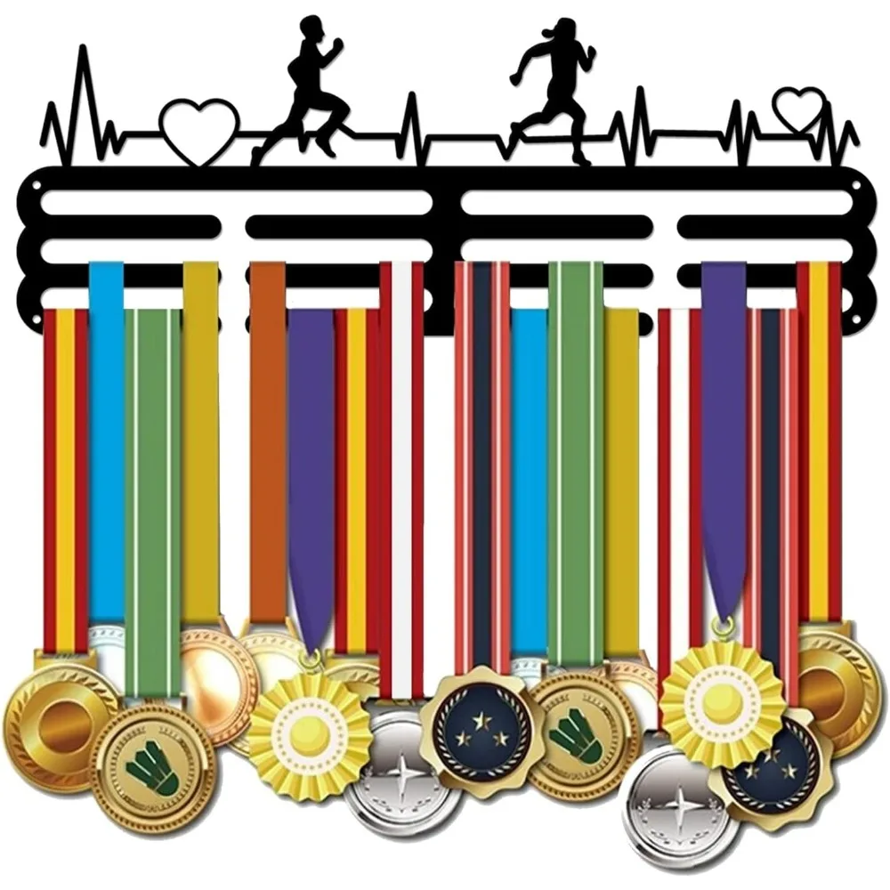 Running Medal Holder ECG Pattern Medals Display Hanger Black Iron Wall Mounted Hooks for Competition Medal Holder Making Kit