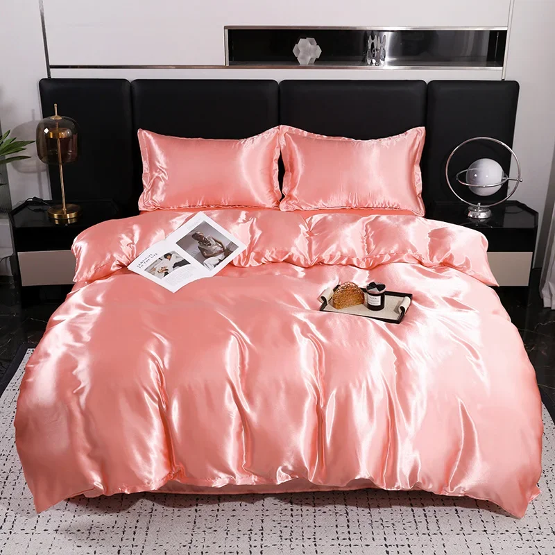 Solid Color Smooth Ice Silk Queen Duvet Cover Set Hotel Luxury Advanced Bedding with Pillowcase Pink Single King Comforter Cover