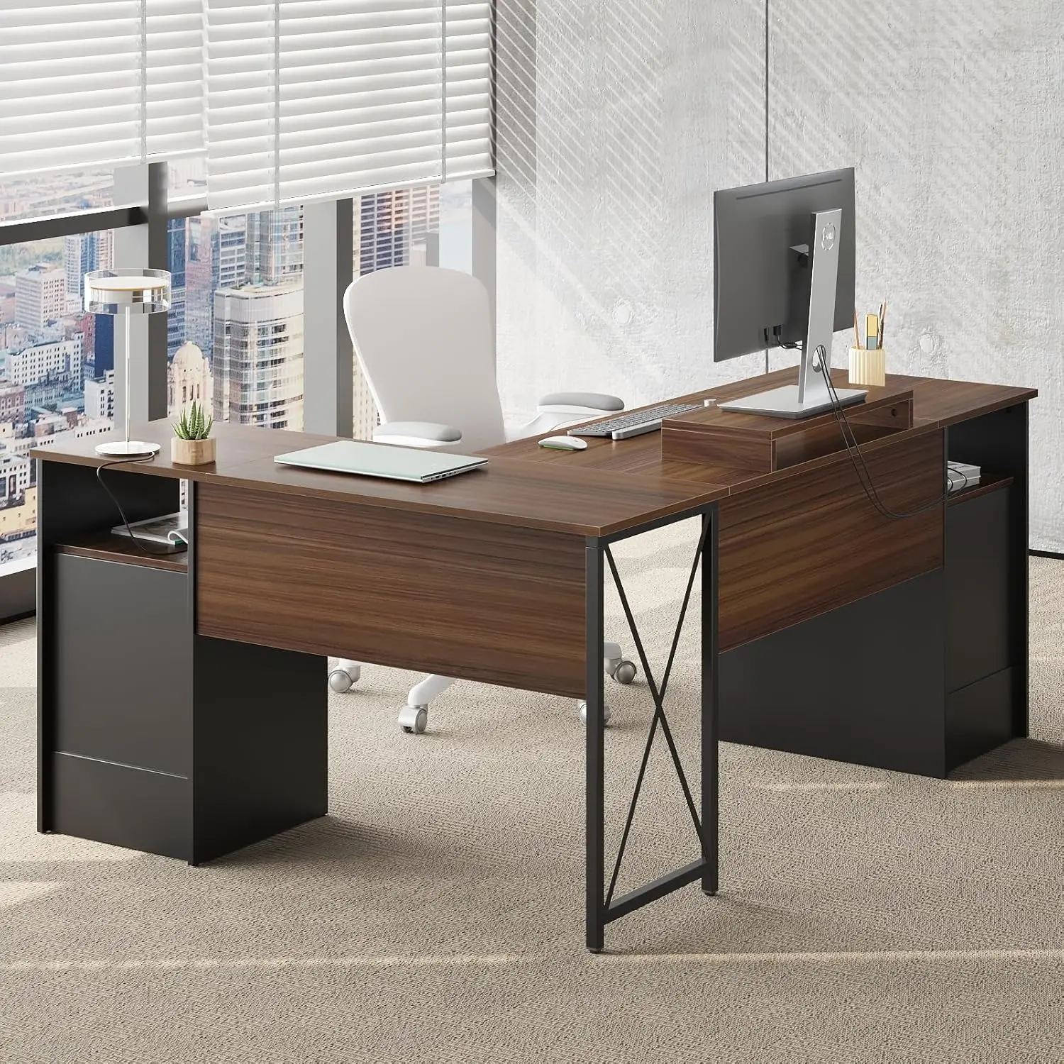 Shaped Desk with File Drawers, Office Computer Desk with Storage Cabinet, Corner Desk with Monitor Stand