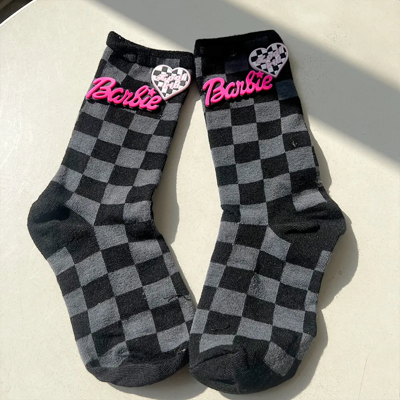 New Kawaii Cute Barbie Socks Cotton Socks Stereoscopic Letter Socks Retro Checkerboard Soft Sports Socks Fashion Gifts for Girls