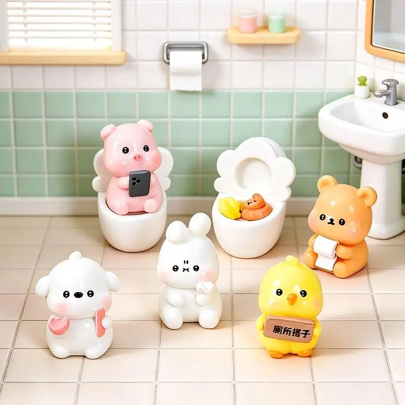 Cute Resin Cartoon Animal Toilet Figurines Adorable Creative Design Perfect For Bathroom Desktop Home Decor And Small Gifts