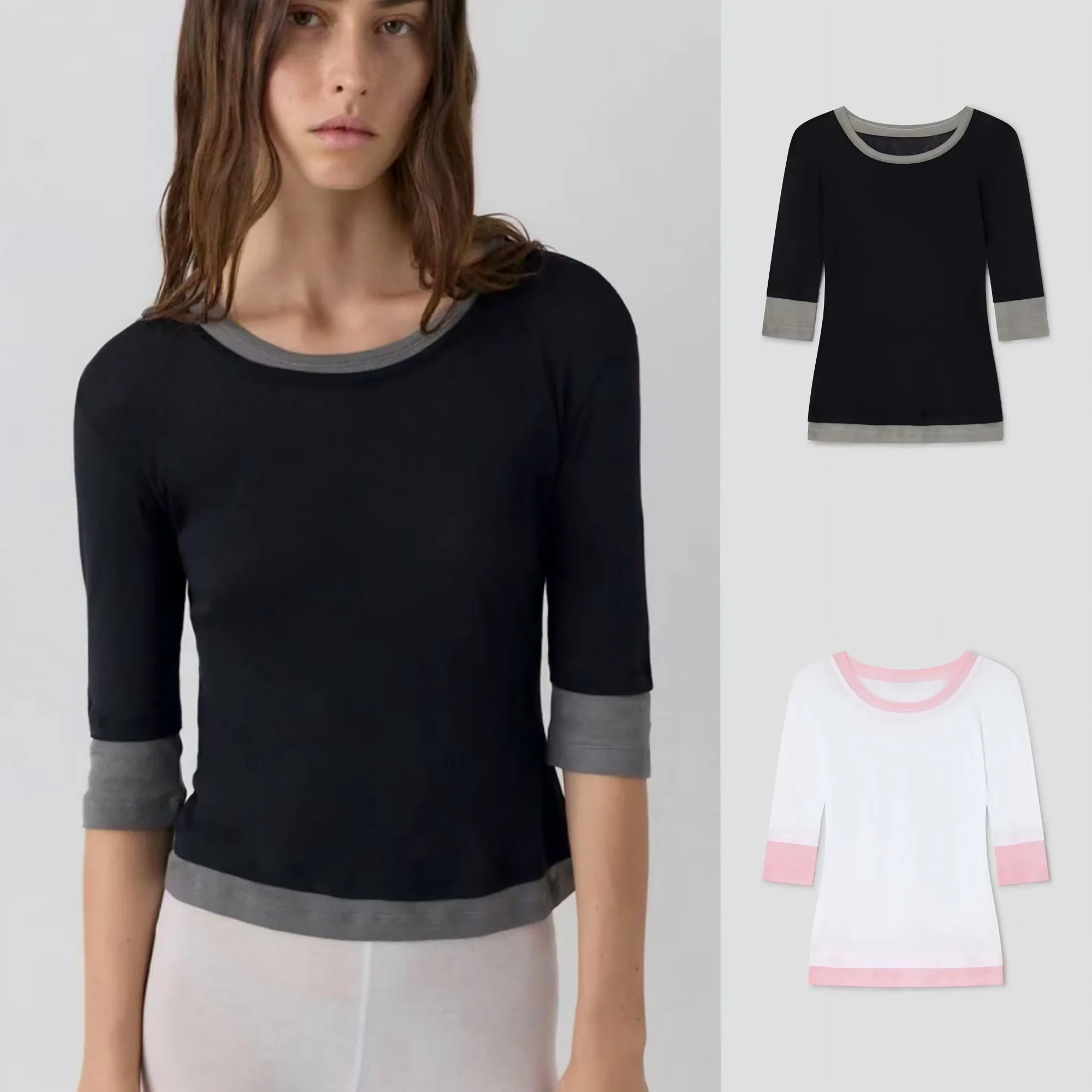 Gimags Black and Gray Color-Blocked Faux Two-Piece Three-Quarter Sleeve Top, White and Pink Slightly Sheer Slim-Fit Base Layer
