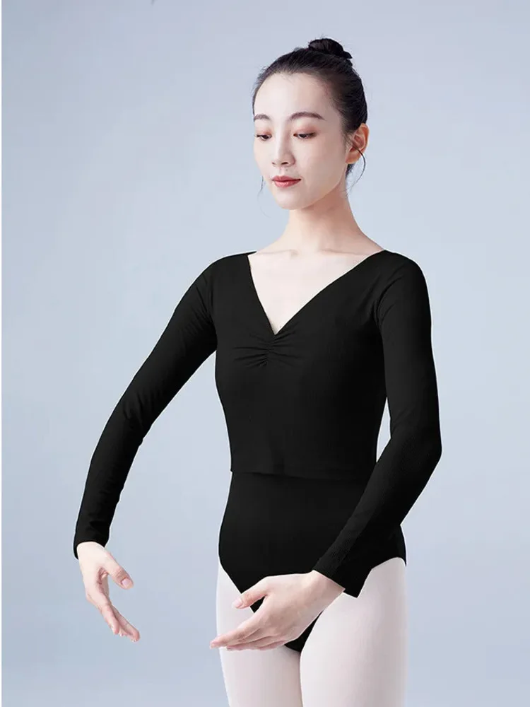 قميص رقص بأكمام طويلة ورقبة على شكل حرف V بلون سادة - قميص أداء باليه أنيق للنساء زي المسرح الفني