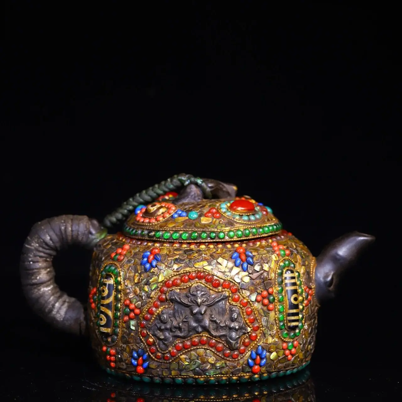 

8"Tibetan Temple Collection Old Purple Clay Pot Teapot Mosaic Gem gZi Beads Shell GARUDA Buddha Butter Pot Kettle Teapot