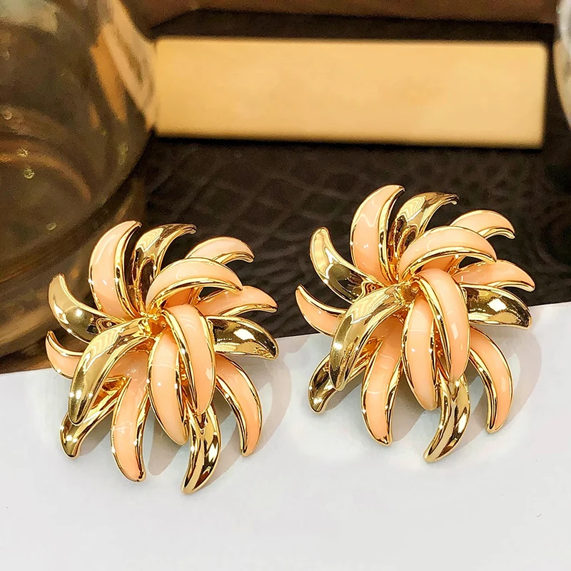 Huitan Apricot-colored Enamel Flower Stud Earrings for Women Curved Petal Floral Earrings Wedding Party Trendy Jewelry Gifts
