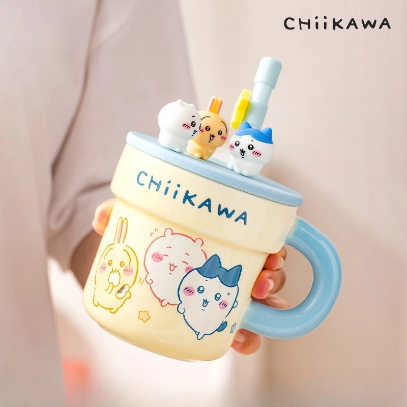 Hot Chiikawa Ceramic Mug with Lid with Straw Food Safe Thickened Heat Resistant Microwave Safe Anti-slip Base Exquisite for Gift