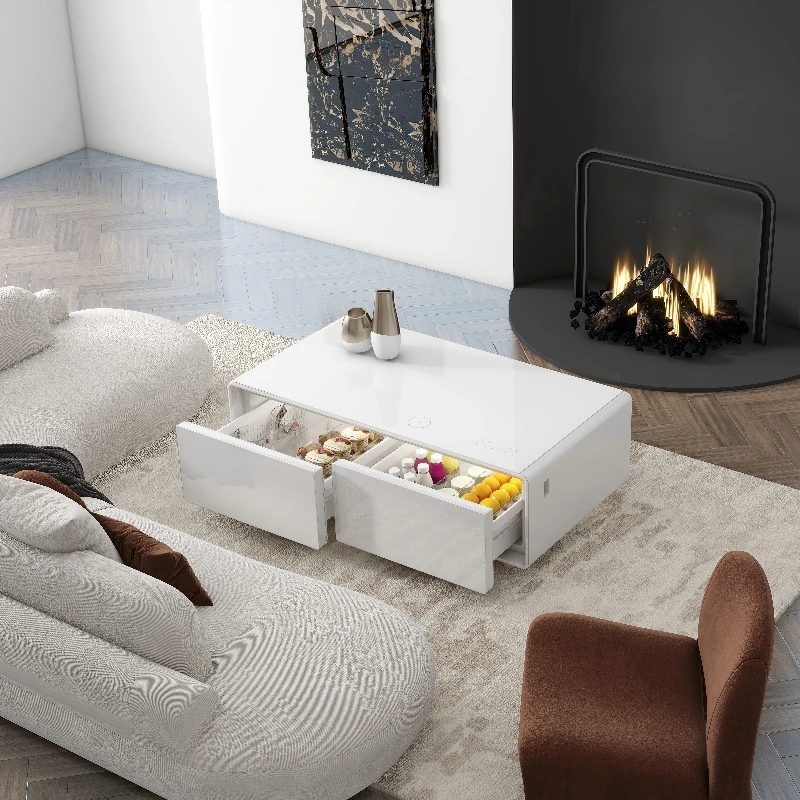 White Smart Coffee Table With Refrigerator Drinks Cooling Drawer Wireless Charging Touch Screen USB Ports For Home Hotel