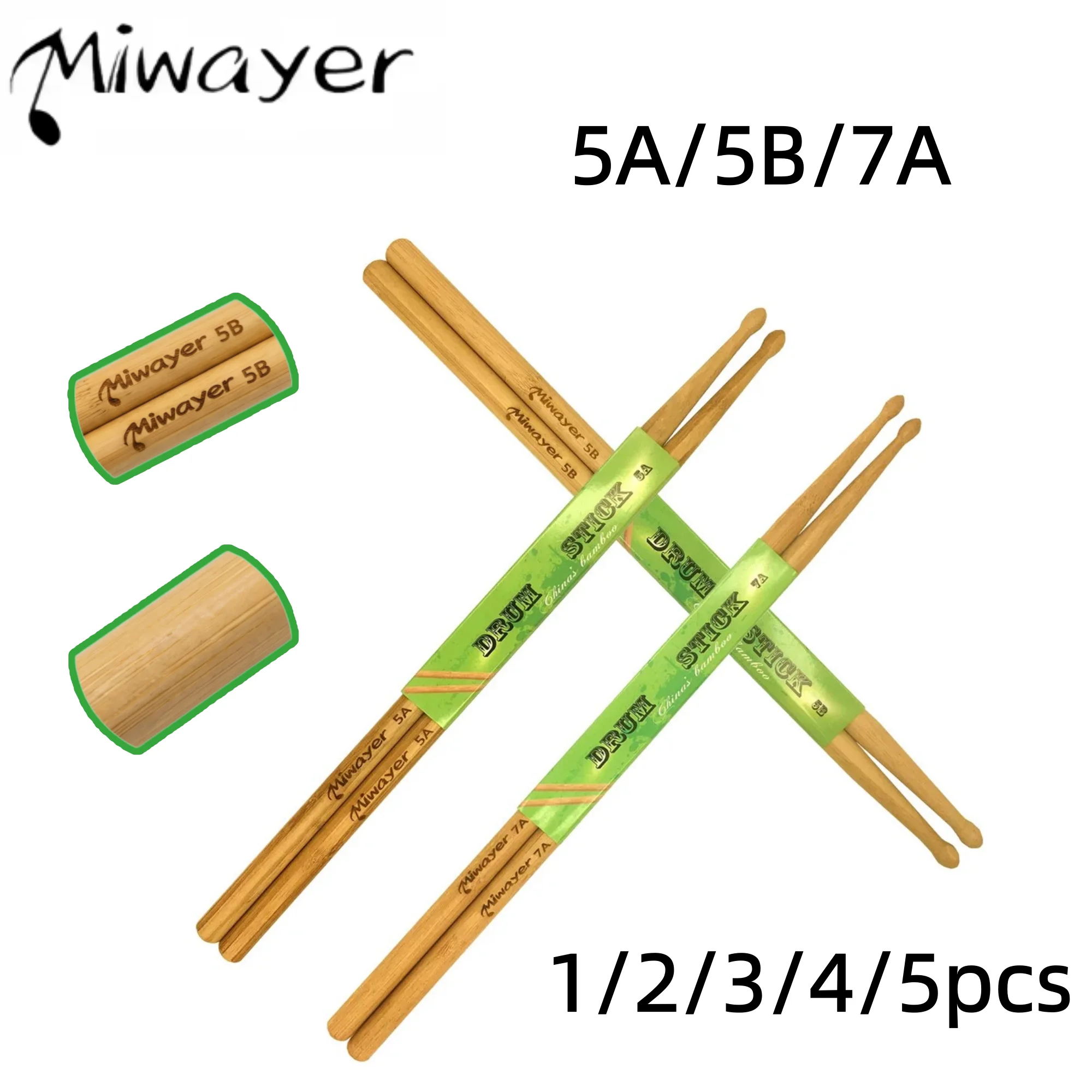 Miwayer 1/2/3/4/5PCS 5A/5B/7A Bamboo Drum Sticks 6 Inch, Durable Teardrop-shaped Tips, Light Percussion Instrument Accessories