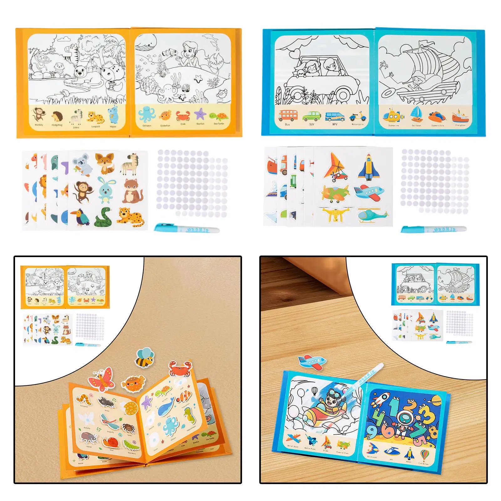 Waterkleurkaarten Herbruikbaar stickerboek Montessori Leerboek Activiteitenboek voor uitstapjes Thuis Vliegtuig Kleuterschool Kinderen