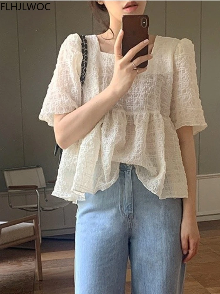 Chic Korea Cute Doll Shirt Women Sweet Japan Girls Semitransparent Vintage Retro Belly Peplum Ruffled Tops Blouse 2022 Summer