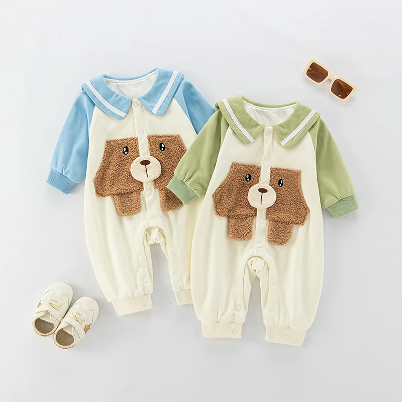 100% Cotton Autumn Baby Boys Romper Outdoors Raglan Long Sleeve 3D Cartoon Dog Newborn Boys Bodysuit Lapel Infant Boys Jumpsuit