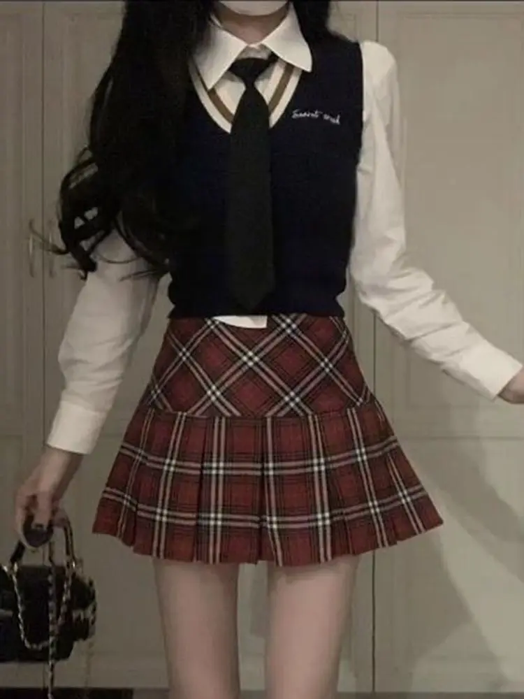 

Милая клетчатая юбка в стиле преппи с высокой талией, короткая юбка А-силуэта для женщин, весенняя школьная форма JK, одежда больших размеров