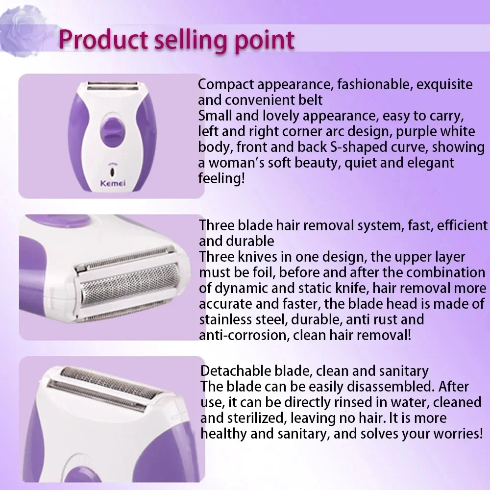 Kemei KM-280R آلة إزالة الشعر المهنية للنساء قابلة للشحن آلة الشعر الصغيرة غير مؤلم لنزع الشعر المحمولة السيدات ماكينة حلاقة المتقلب