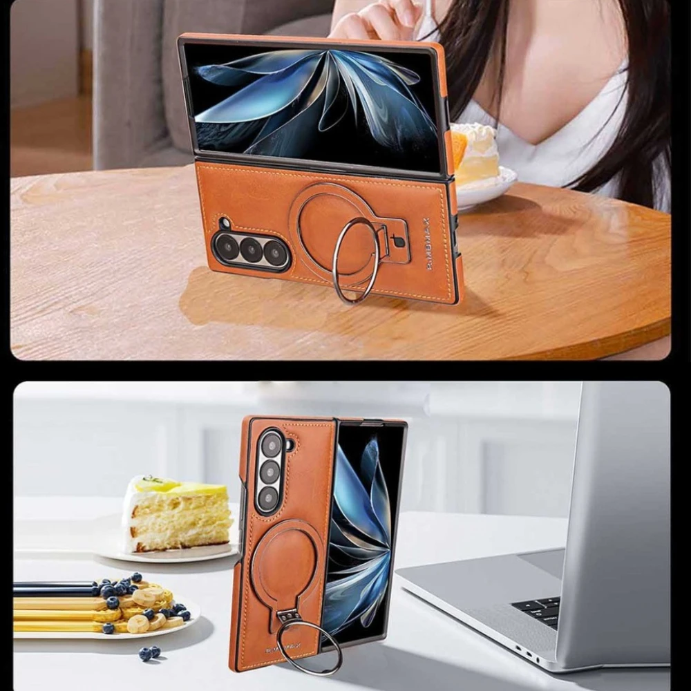 

Electroplated Leather Phone Case for Samsung Galaxy Z Fold 7 ZFold 6 5 4 3 Bracket Magnetic Wireless Charging Protective Cover